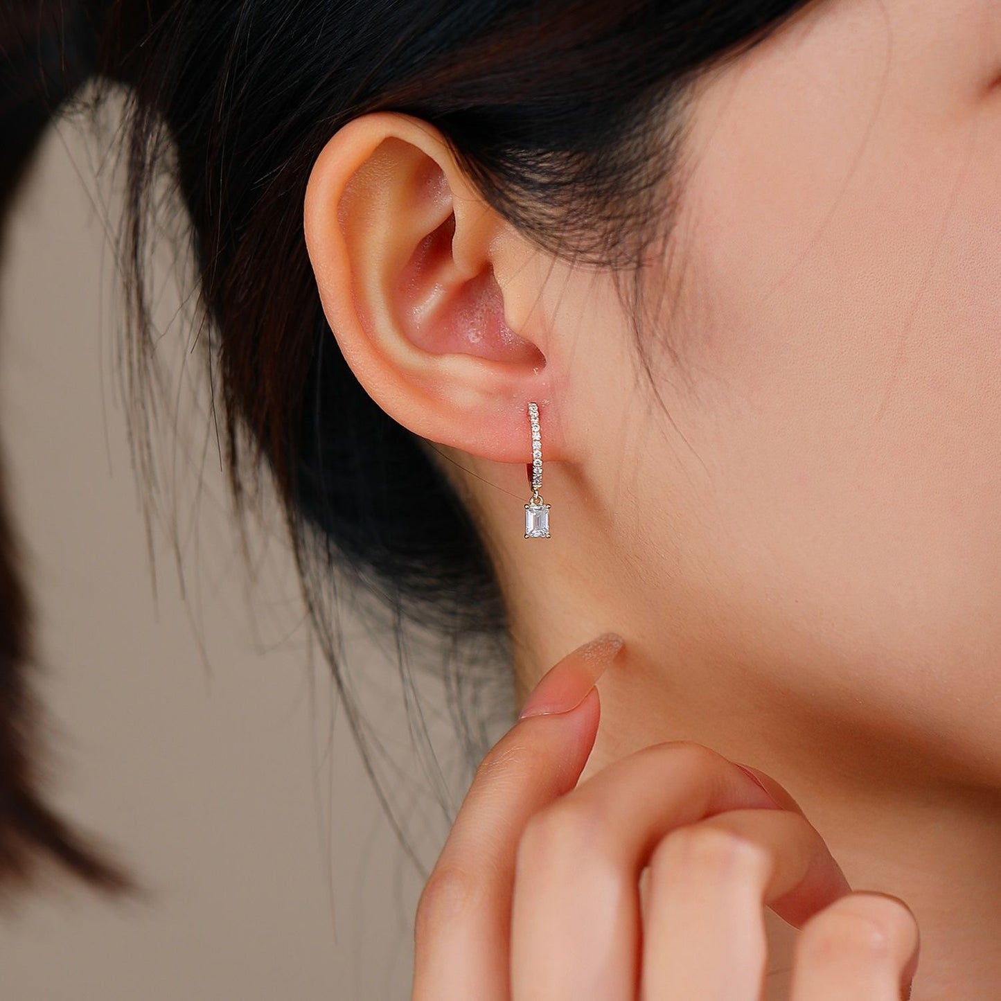 Emerald-Cut Lab Diamond Drop Hoop Earrings
