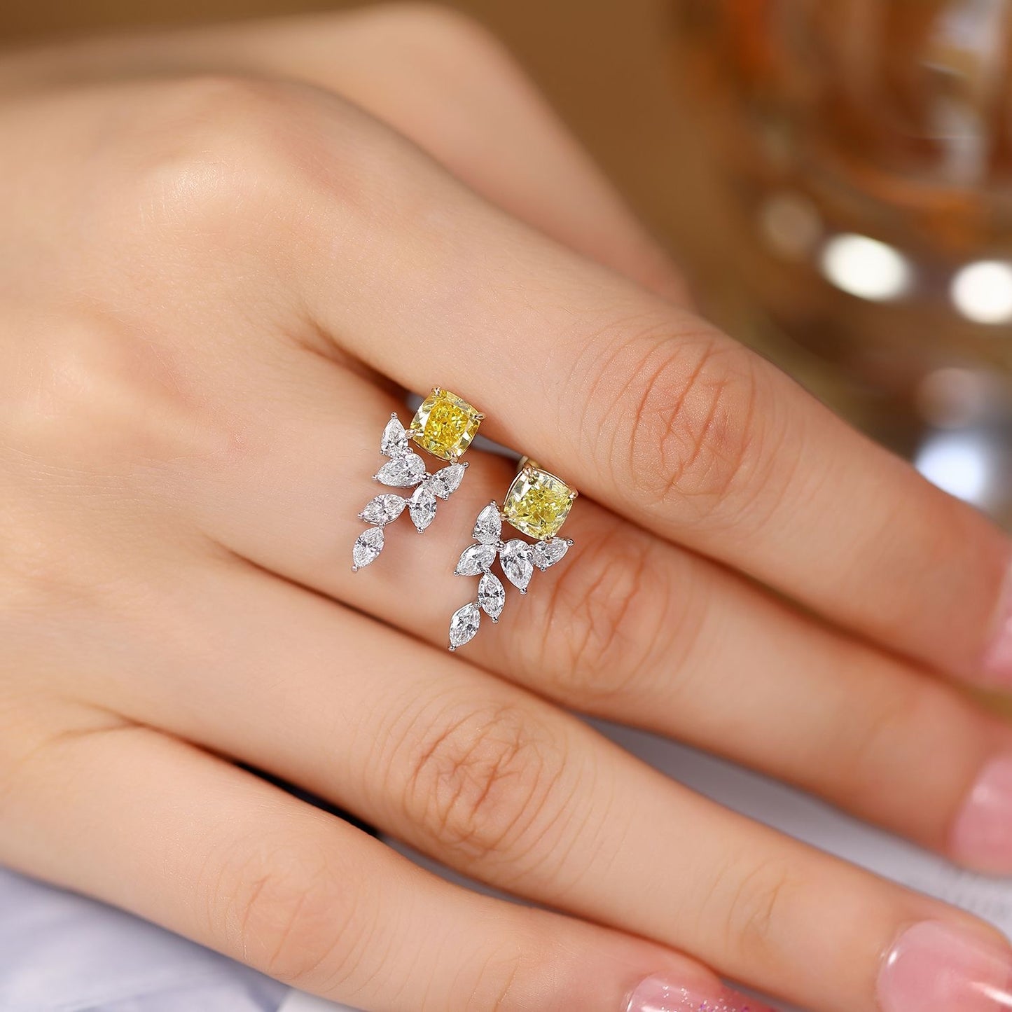 Fancy Yellow Cushion Lab Diamond Floral Drop Earrings