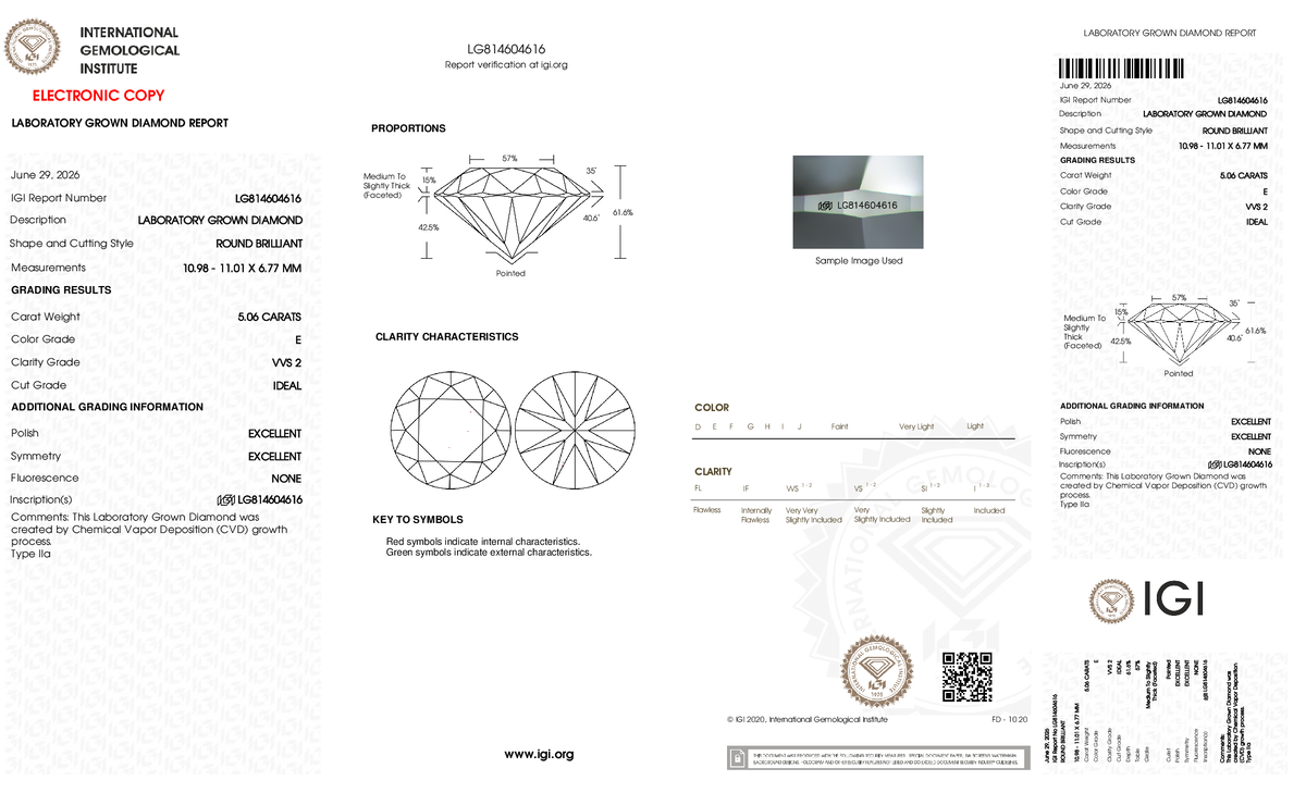 5.06ct Round Brilliant Lab Grown Diamond (E, VVS2, ID/EX/EX)