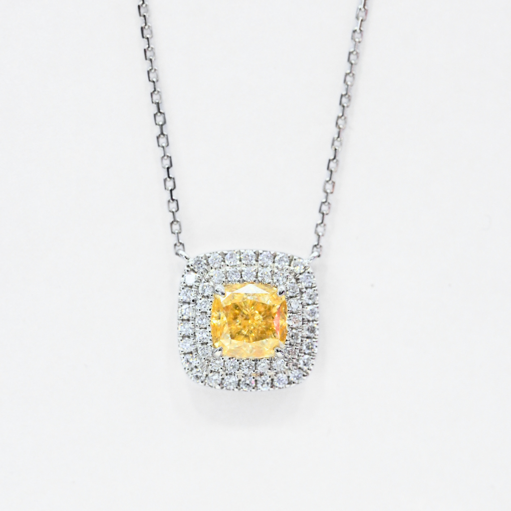 Cushion-Cut Double Halo Yellow Diamond Necklace