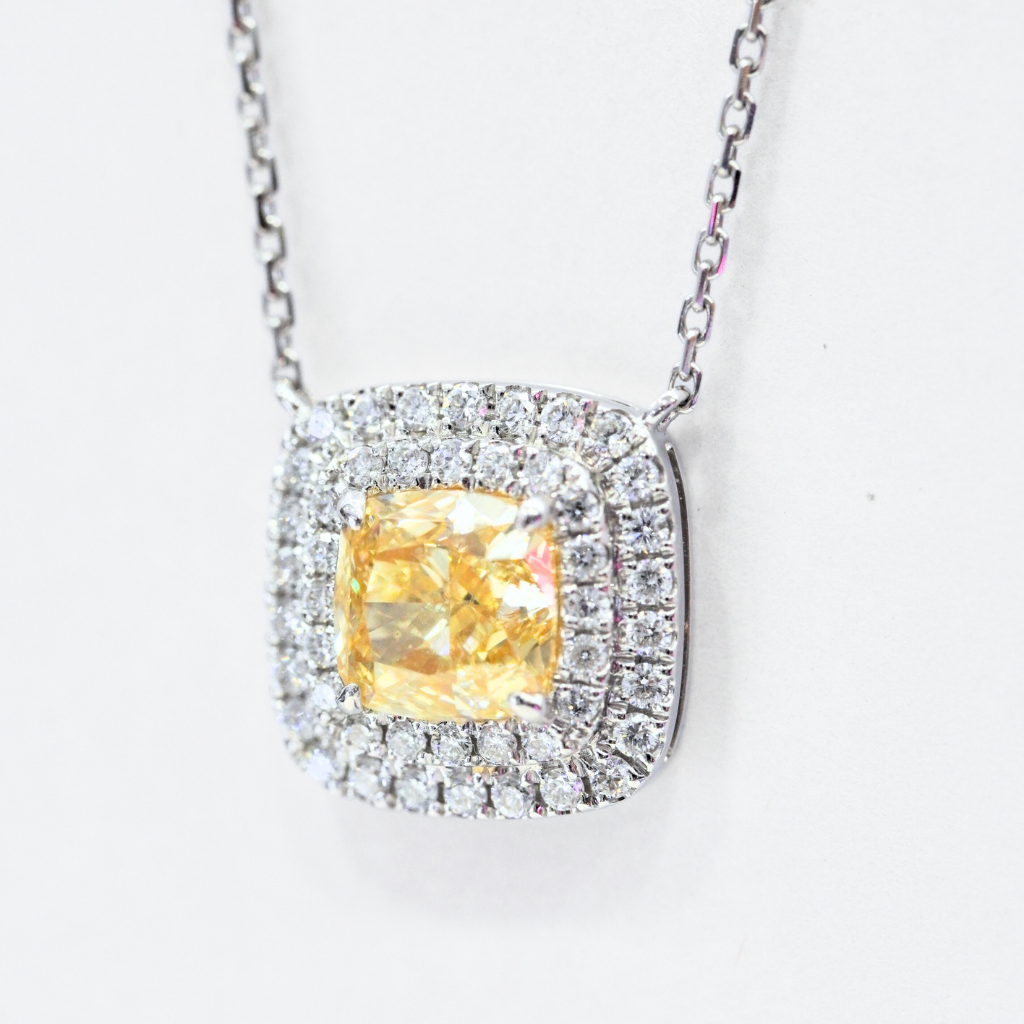 Cushion-Cut Double Halo Yellow Diamond Necklace