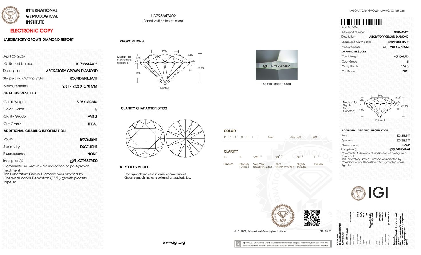 3.07ct Round Brilliant Lab Grown Diamond (E, VVS2, ID/EX/EX)