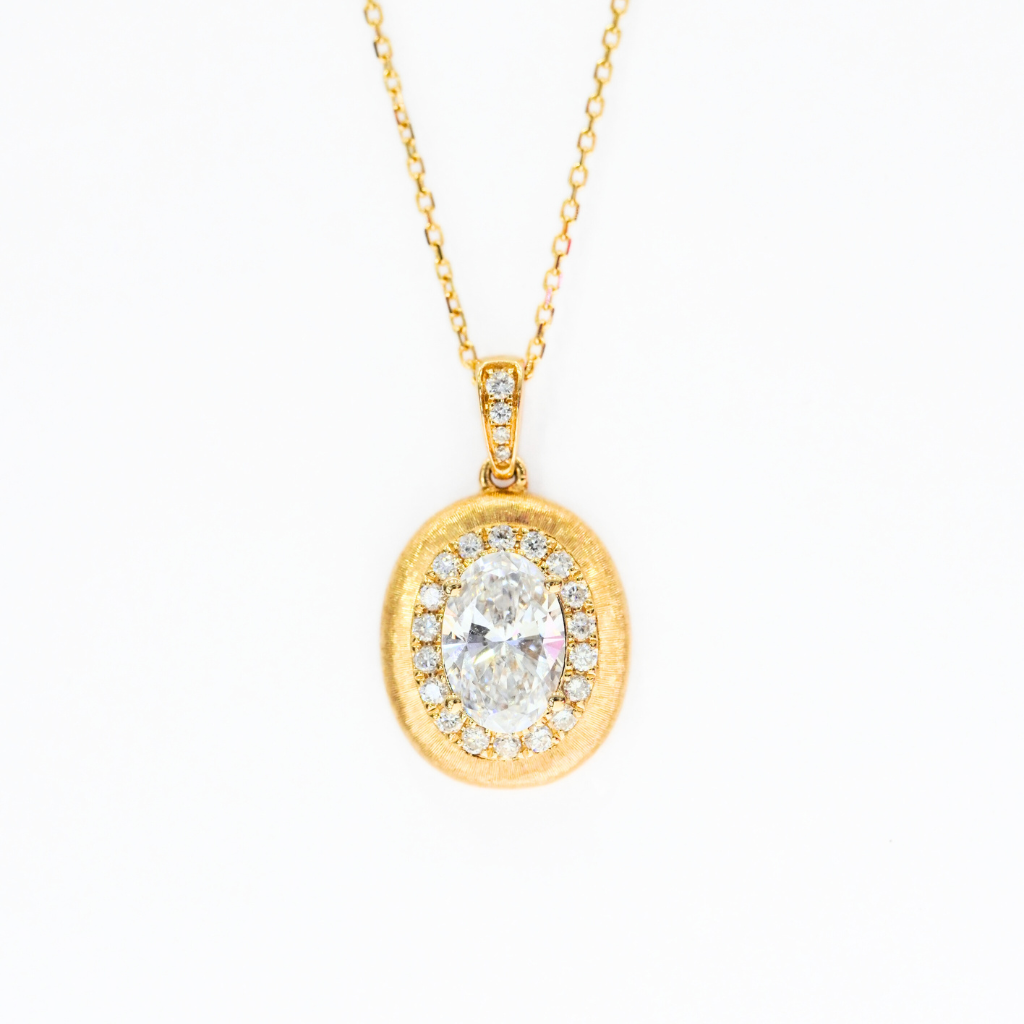 Brushed 18K gold oval halo lab diamond pendant necklace