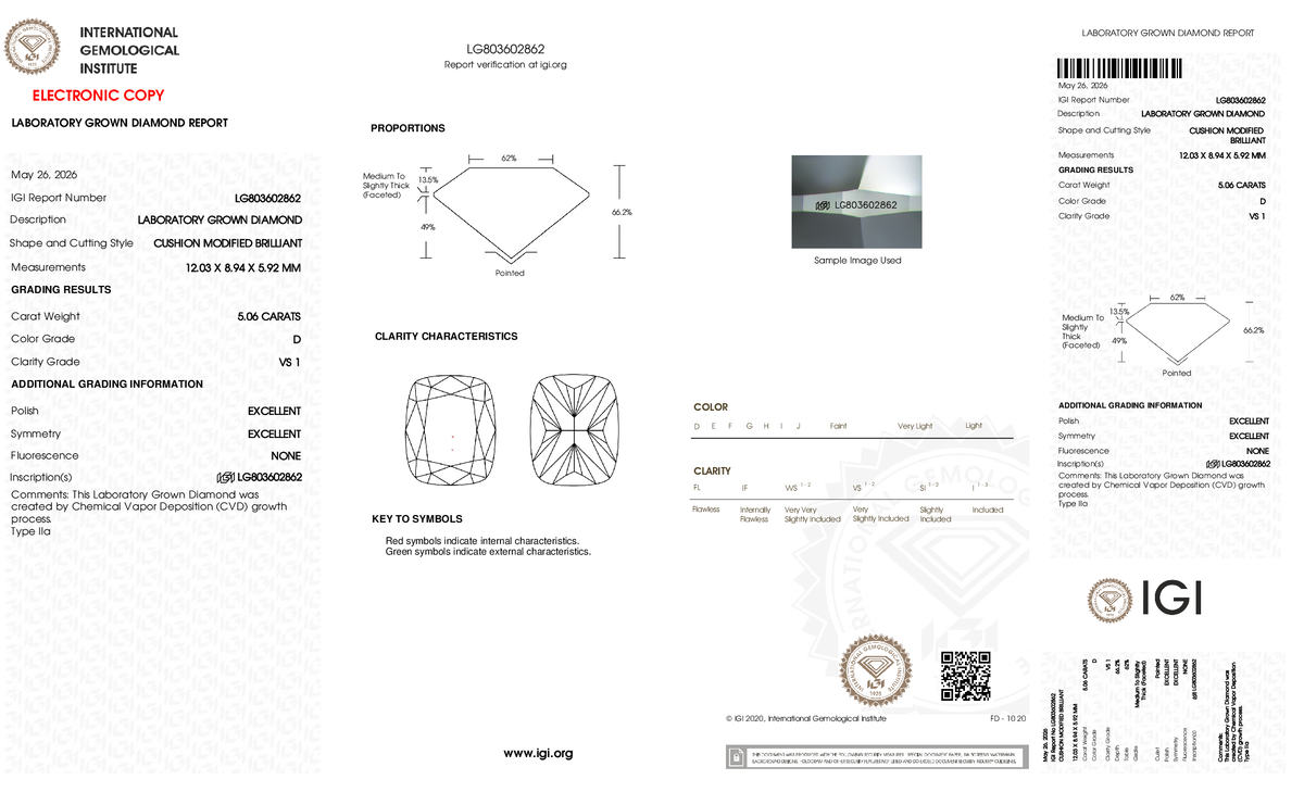 5.06ct Cushion Lab Grown Diamond (D, VS1, EX/EX)