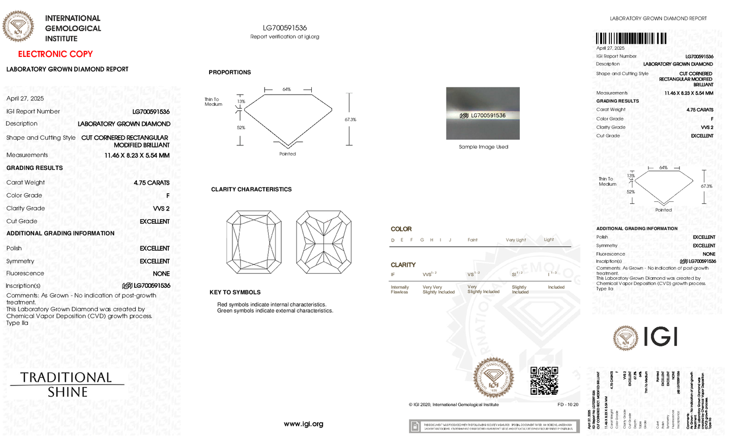 4.75ct Radiant Lab Grown Diamond (F, VVS2, EX/EX/EX)