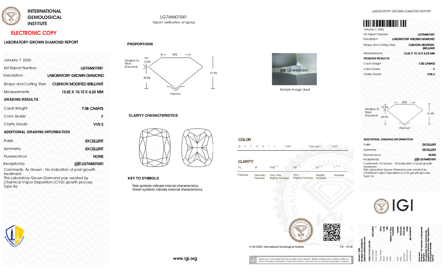 7.08ct Cushion Lab Grown Diamond (F, VVS2, EX/EX)