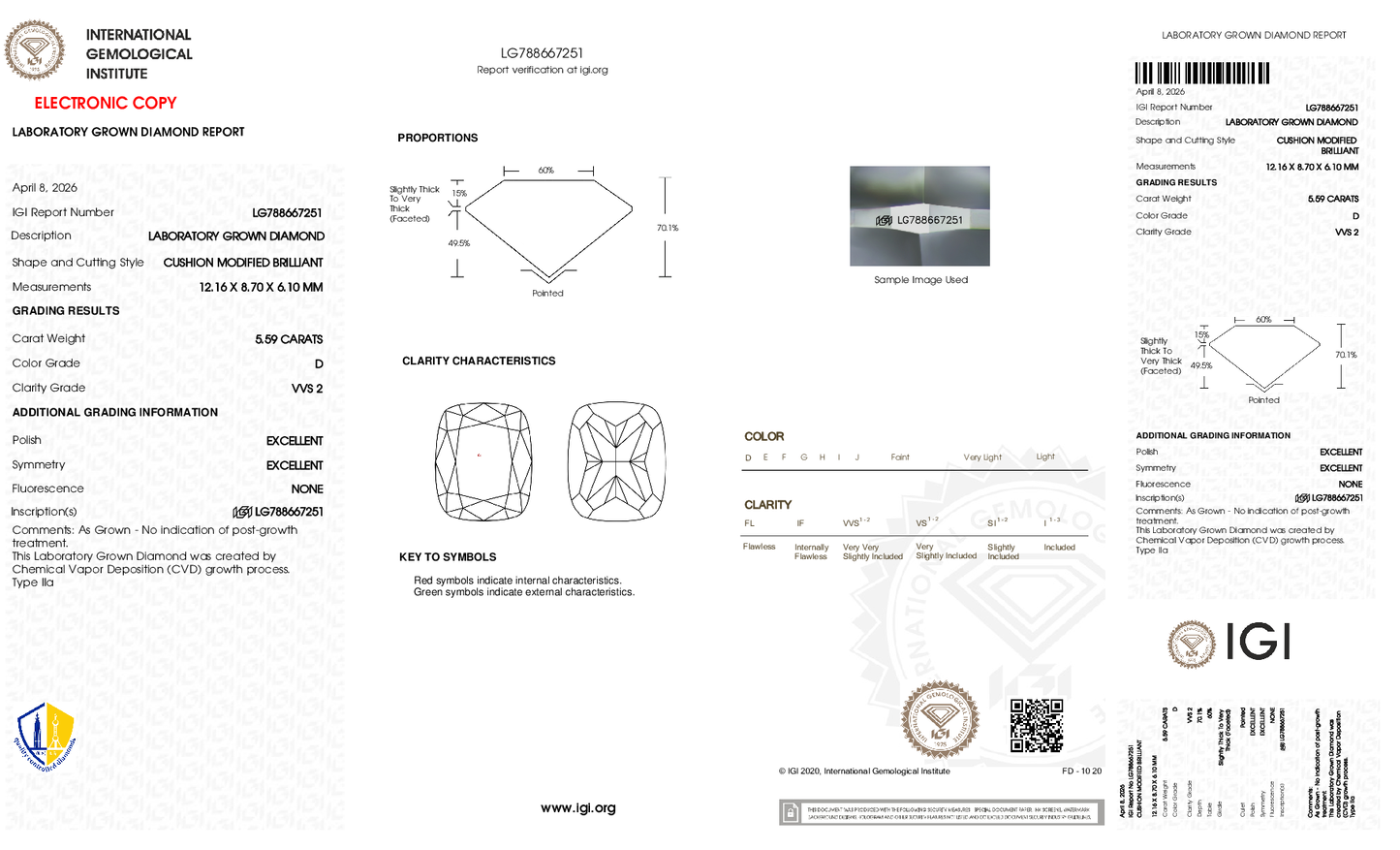 5.59ct Cushion Lab Grown Diamond (D, VVS2, EX/EX)