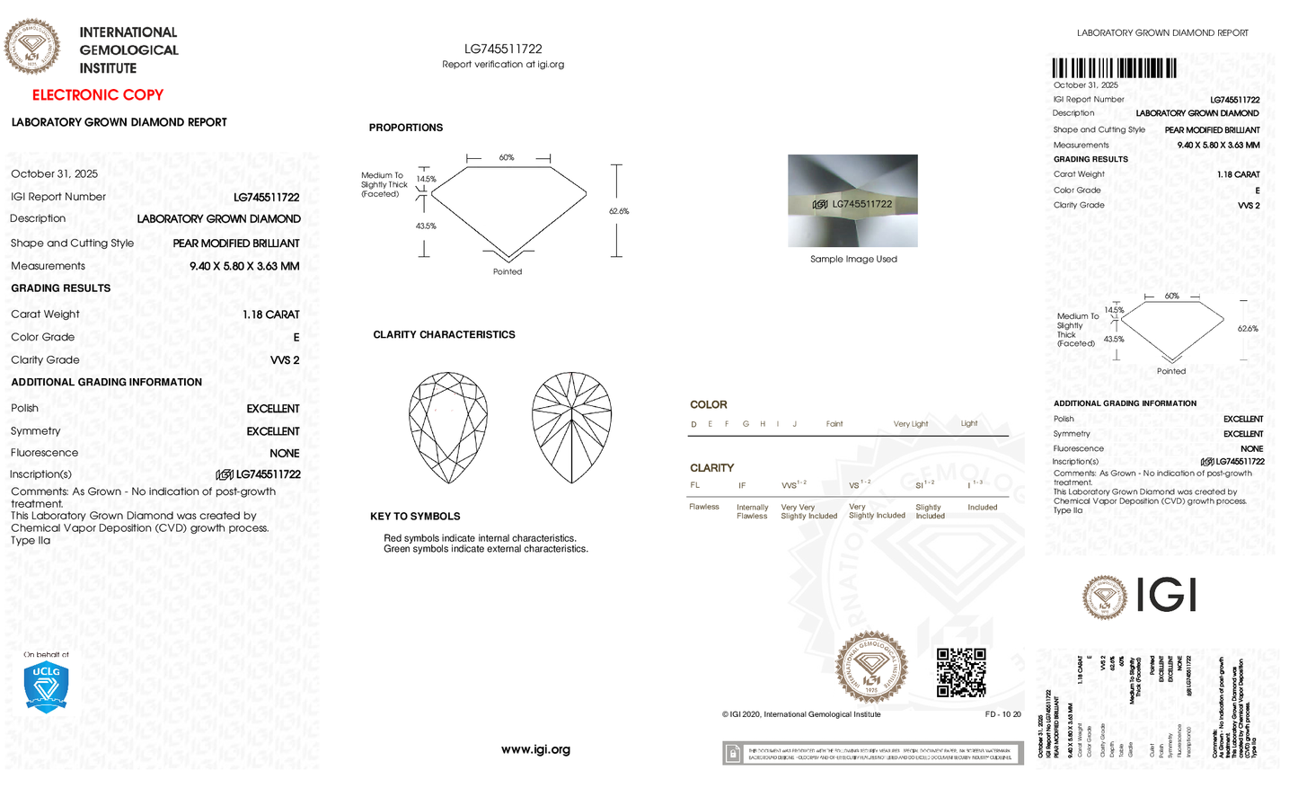 1.18ct Pear Modified Lab Grown Diamond (E, VVS2, EX/EX)