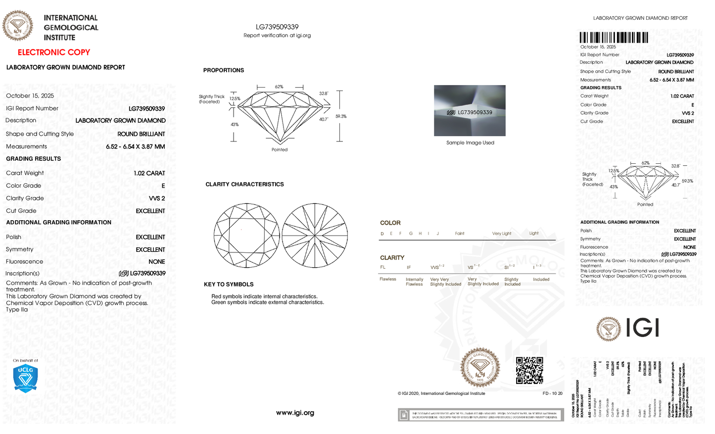 1.02ct Round Lab Grown Diamond (E, VVS2, EX/EX/EX)
