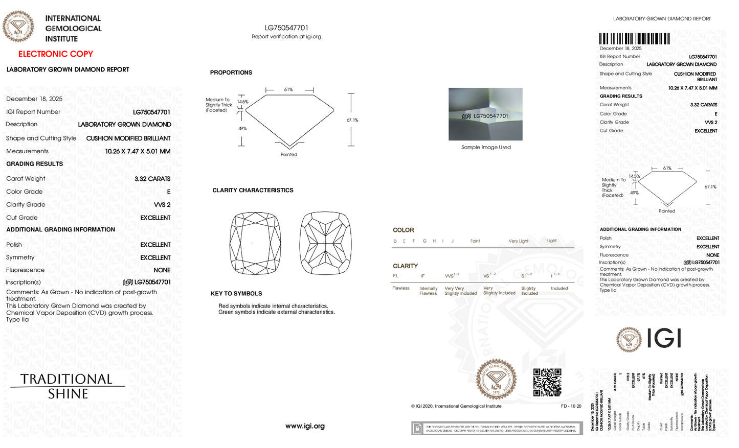 3.32ct Cushion Lab Grown Diamond (E, VVS2, EX/EX/EX)