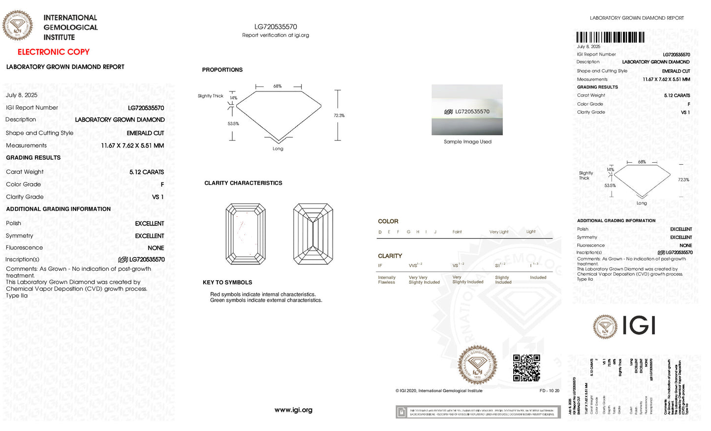 5.12ct Emerald Lab Grown Diamond (F, VS1, EX/EX)