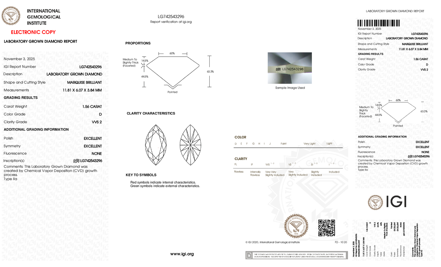 1.56ct Marquise Lab Grown Diamond (D, VVS2)