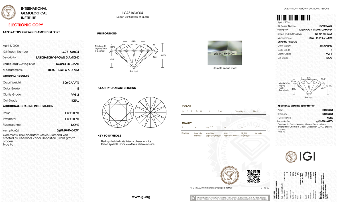 4.06ct Round Brilliant Lab Grown Diamond (E, VVS2, ID/EX/EX)