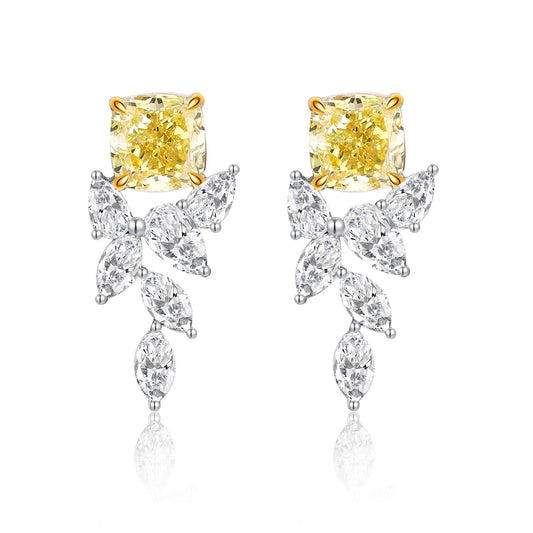 Fancy Yellow Cushion Lab Diamond Floral Drop Earrings