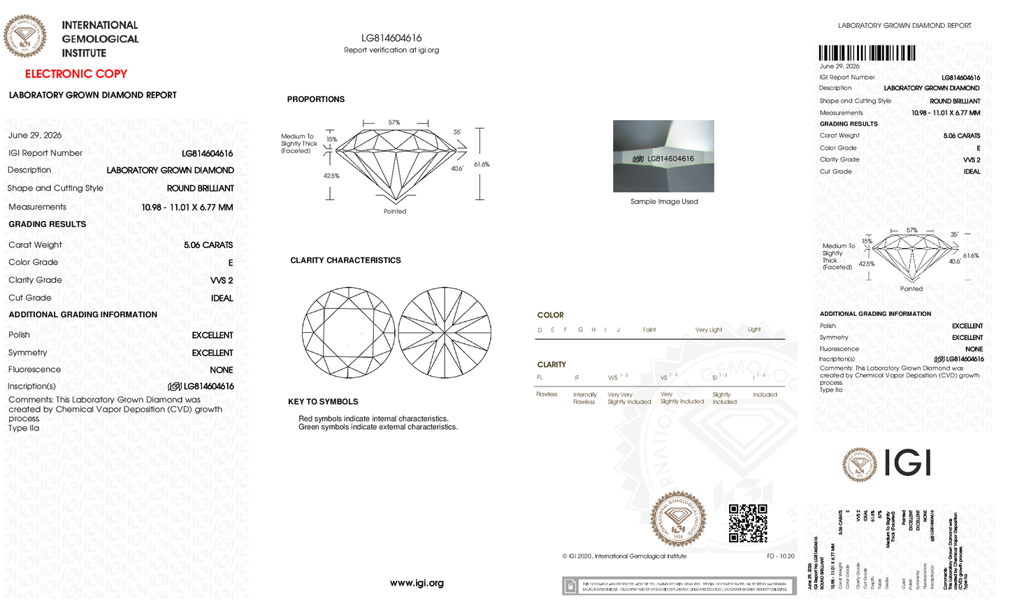 5.06ct Round Brilliant Lab Grown Diamond (E, VVS2, ID/EX/EX)