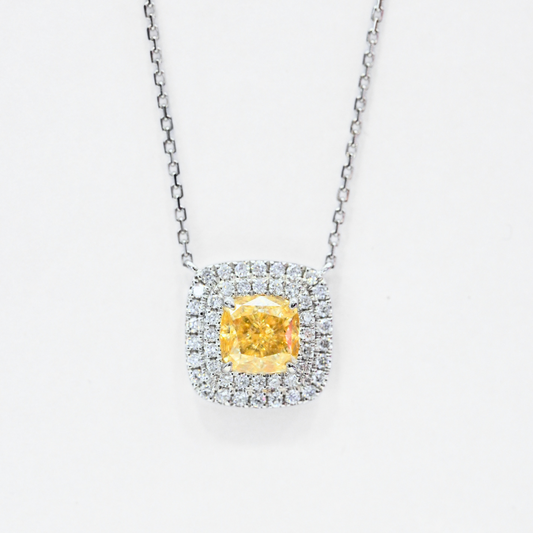 Cushion-Cut Double Halo Yellow Diamond Necklace