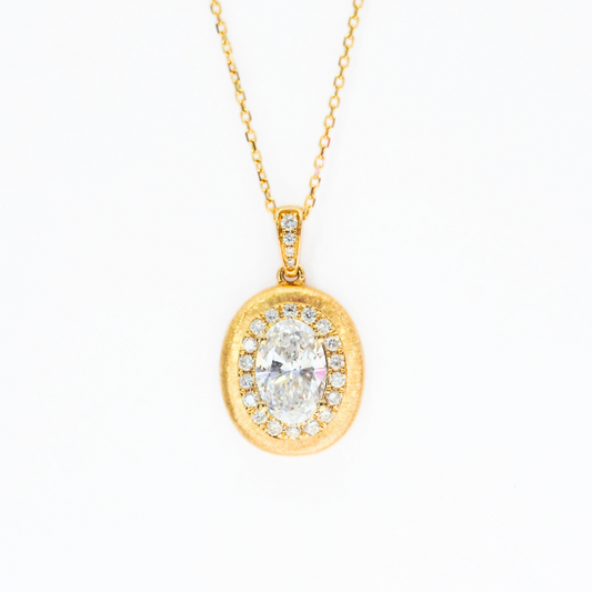 Brushed 18K gold oval halo lab diamond pendant necklace