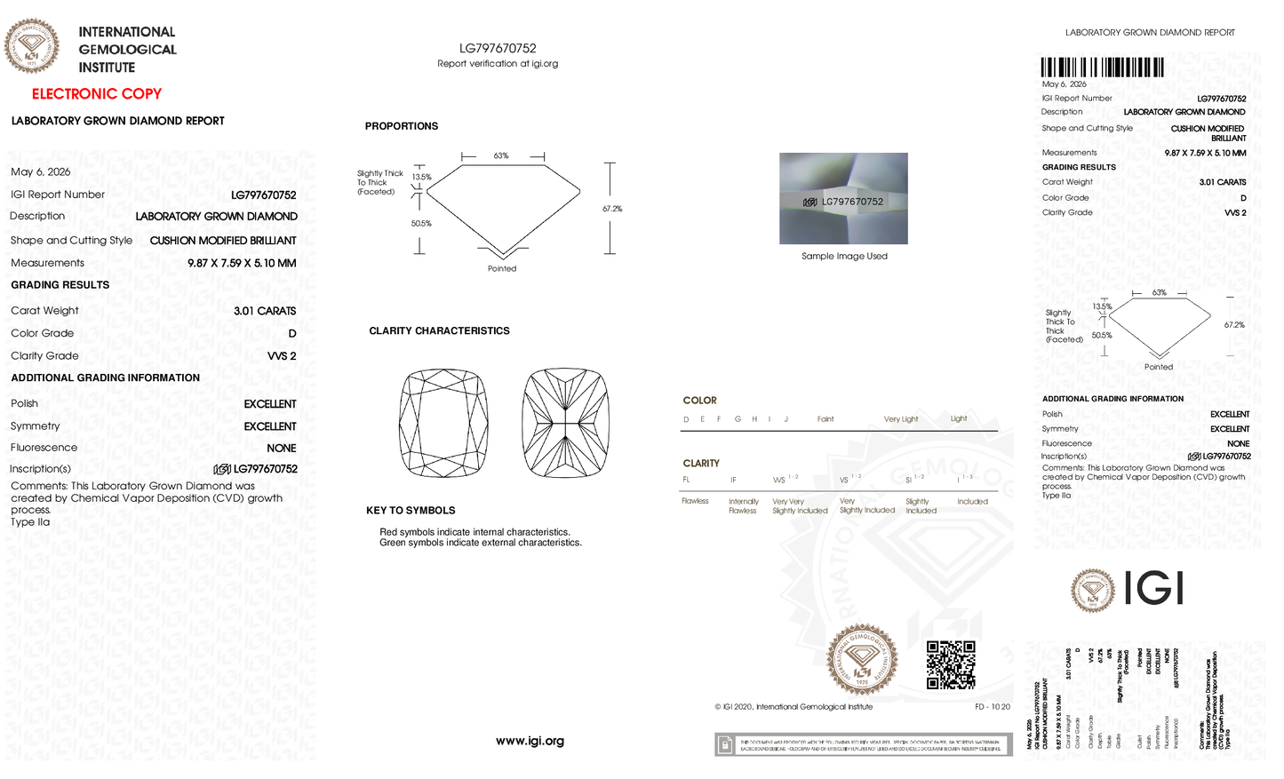 3.01ct Cushion Lab Grown Diamond (D, VVS2, EX/EX)