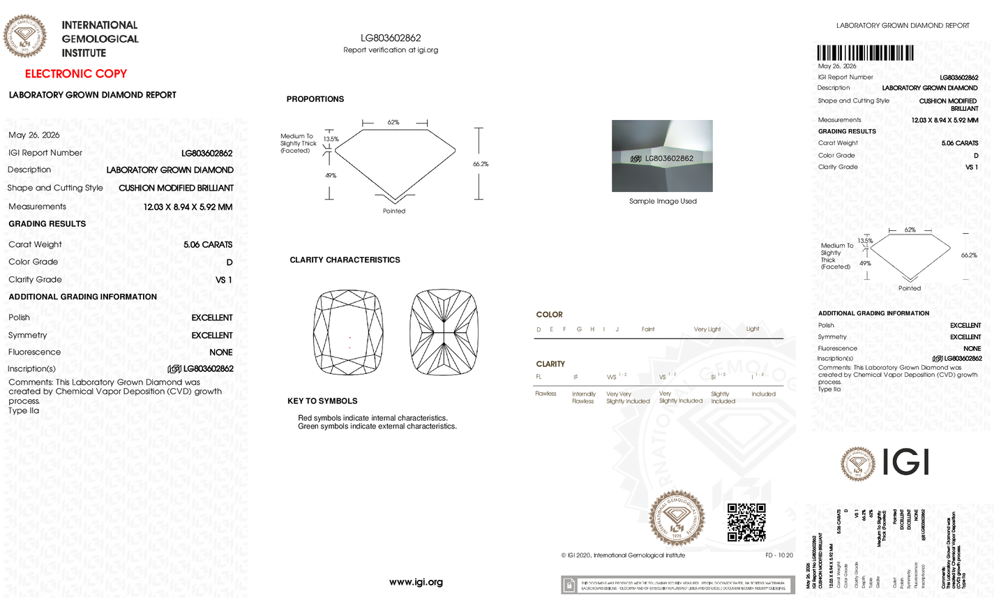 5.06ct Cushion Lab Grown Diamond (D, VS1, EX/EX)