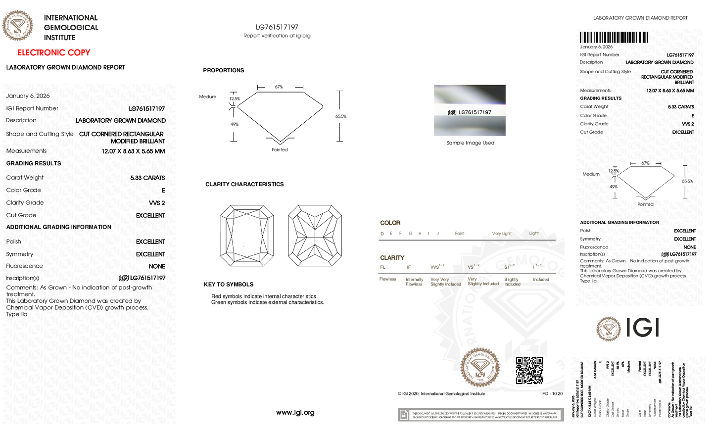 5.33ct Radiant Lab Grown Diamond (E, VVS2, EX/EX/EX)