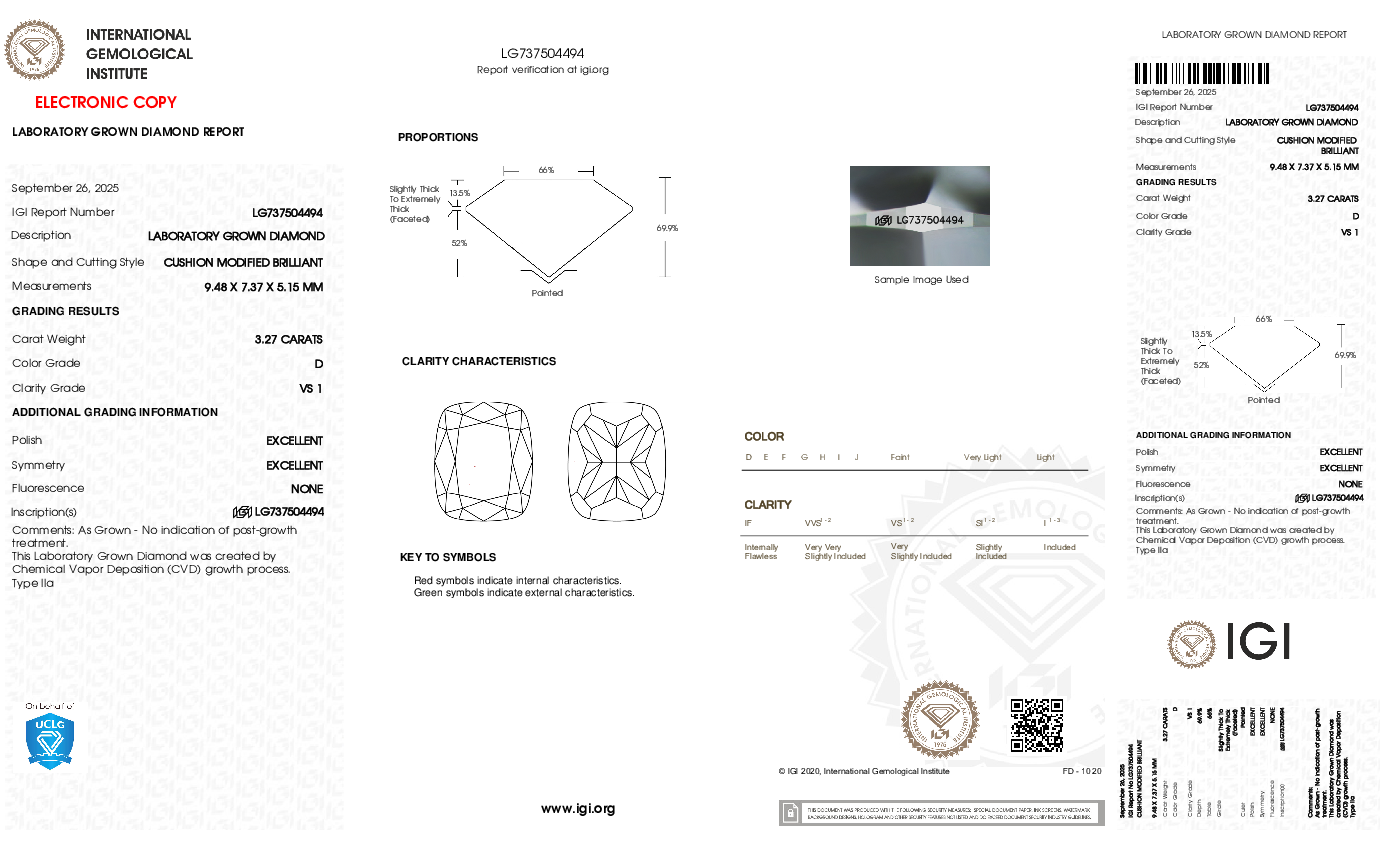 3.27ct Cushion Lab Grown Diamond (D, VS1, EX/EX)