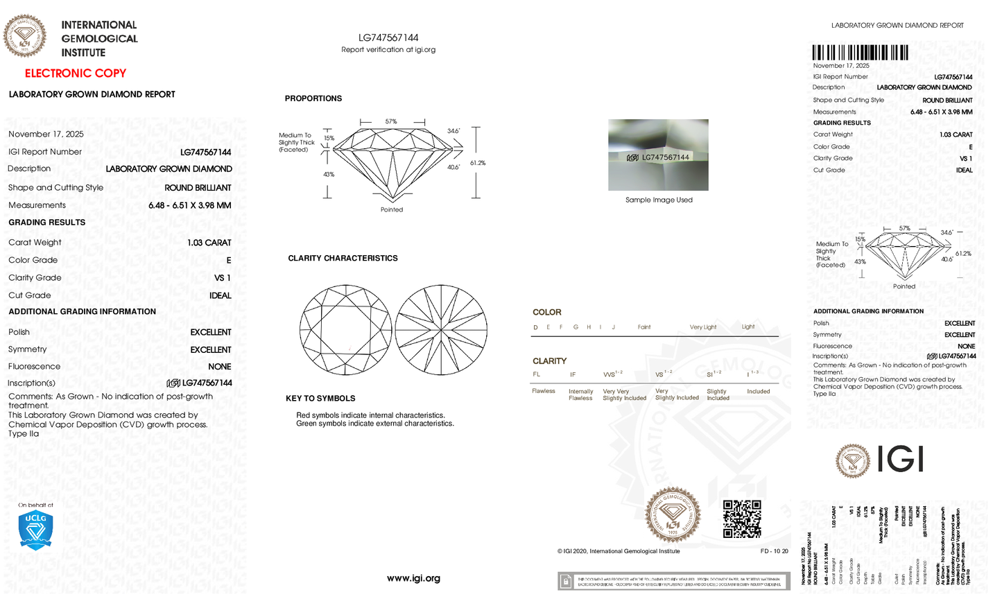 1.03ct Round Lab Grown Diamond (E, VS1, ID/EX/EX)