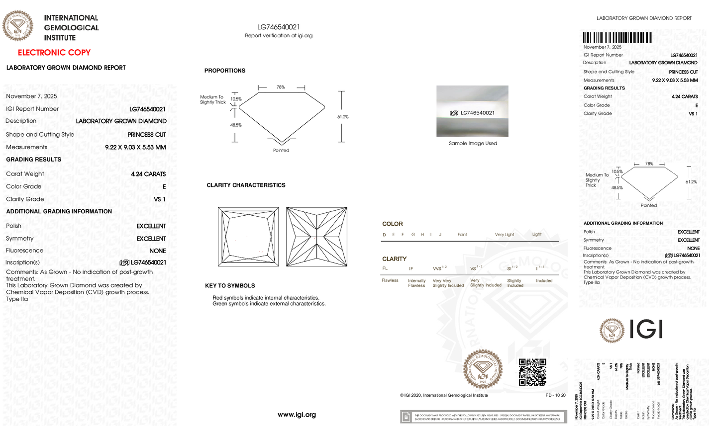 4.24ct Princess Lab Grown Diamond (E, VS1, EX/EX)