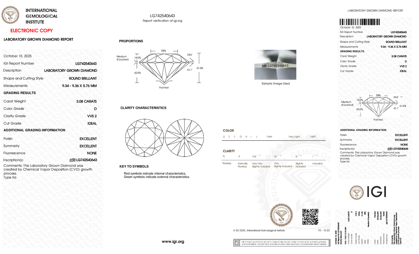 3.08ct Round Lab Grown Diamond (D, VVS2, ID/EX/EX)