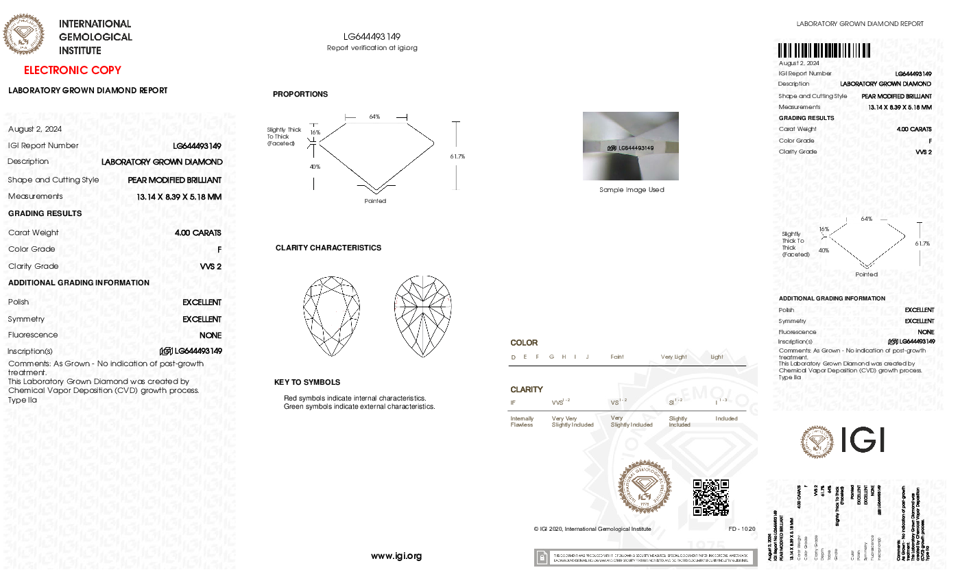 4.00ct Pear Modified Lab Grown Diamond (F, VVS2, EX/EX)