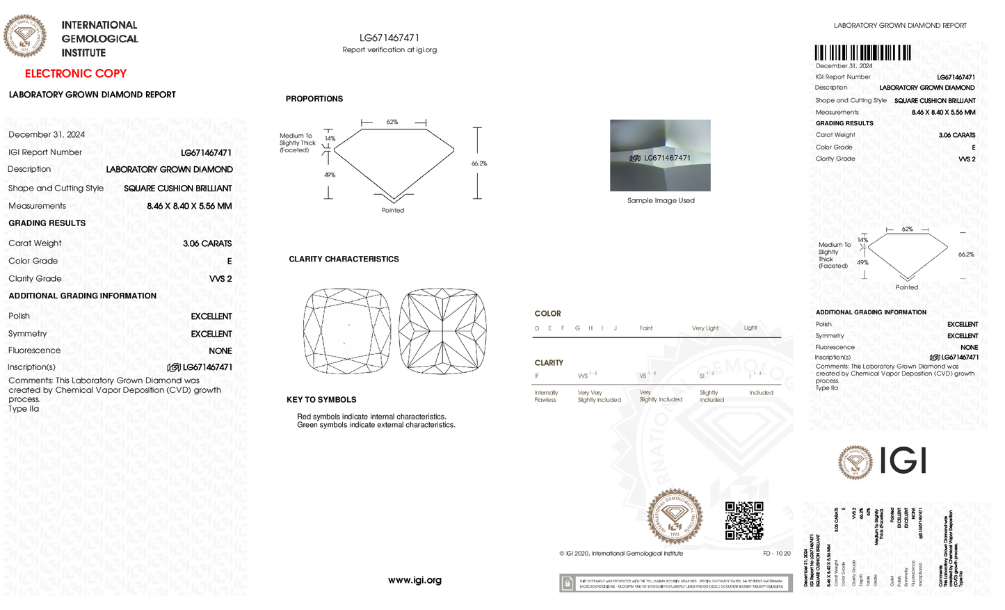 3.06ct Square Cushion Lab Grown Diamond (E, VVS2, EX/EX)