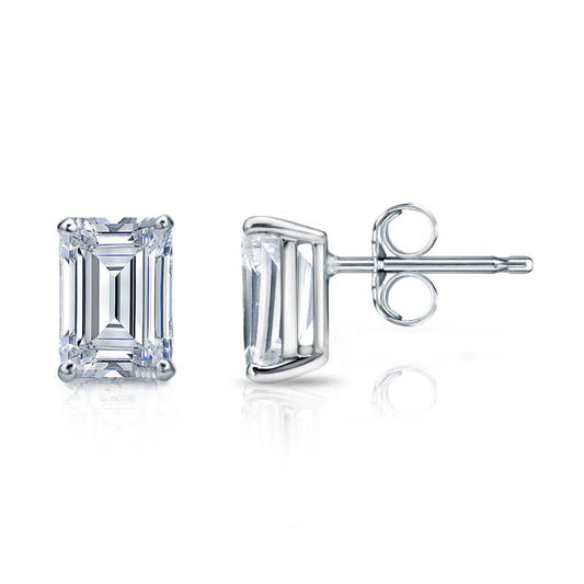 Four-prong emerald cut diamond stud earrings